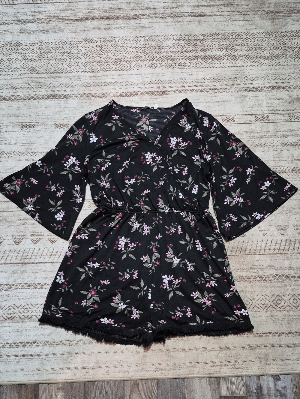 La Vie En Rose Black Romper with Pink Floral Print